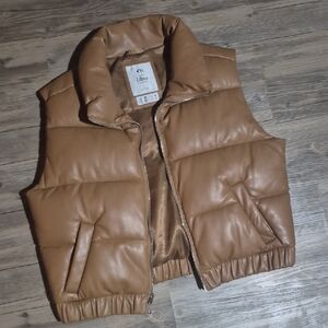 Women's Tan Faux Leather Puffer Vest
